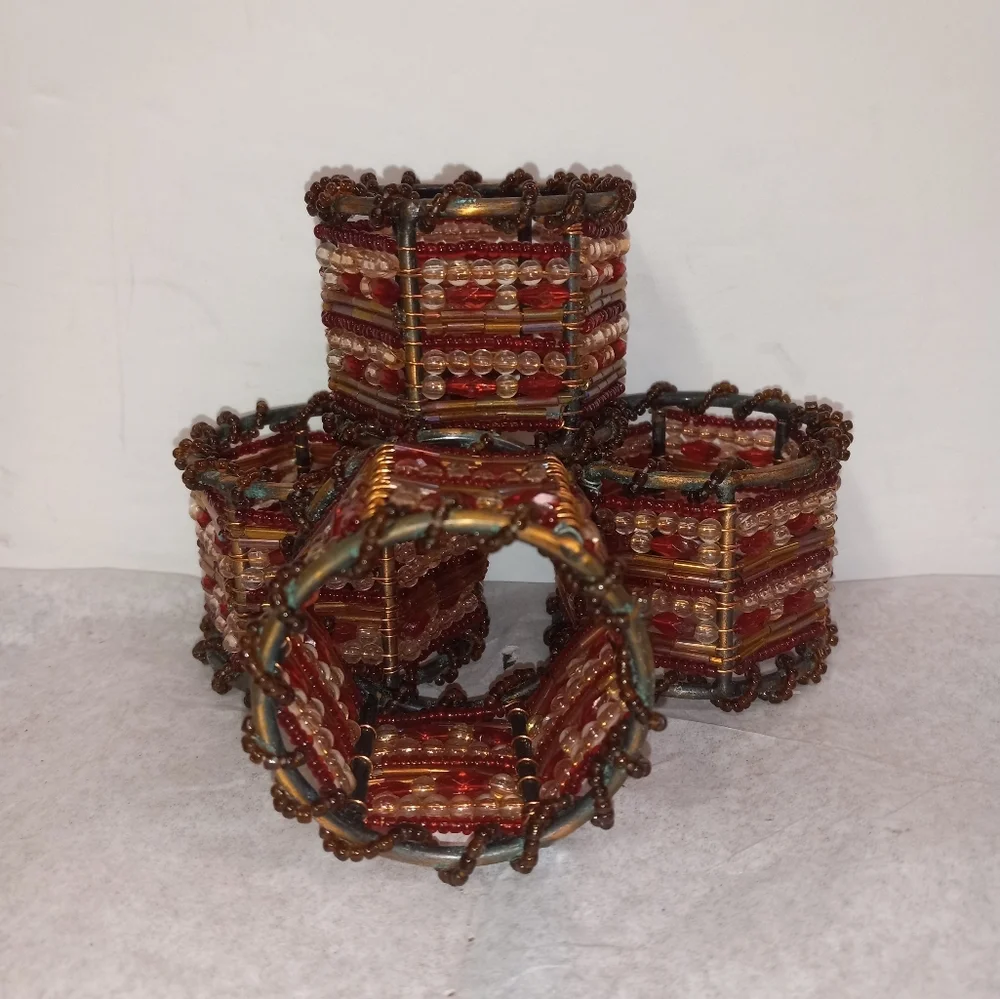 4 Vintage Napkin Rings Beaded on Copper Ruby Garnet and Clear